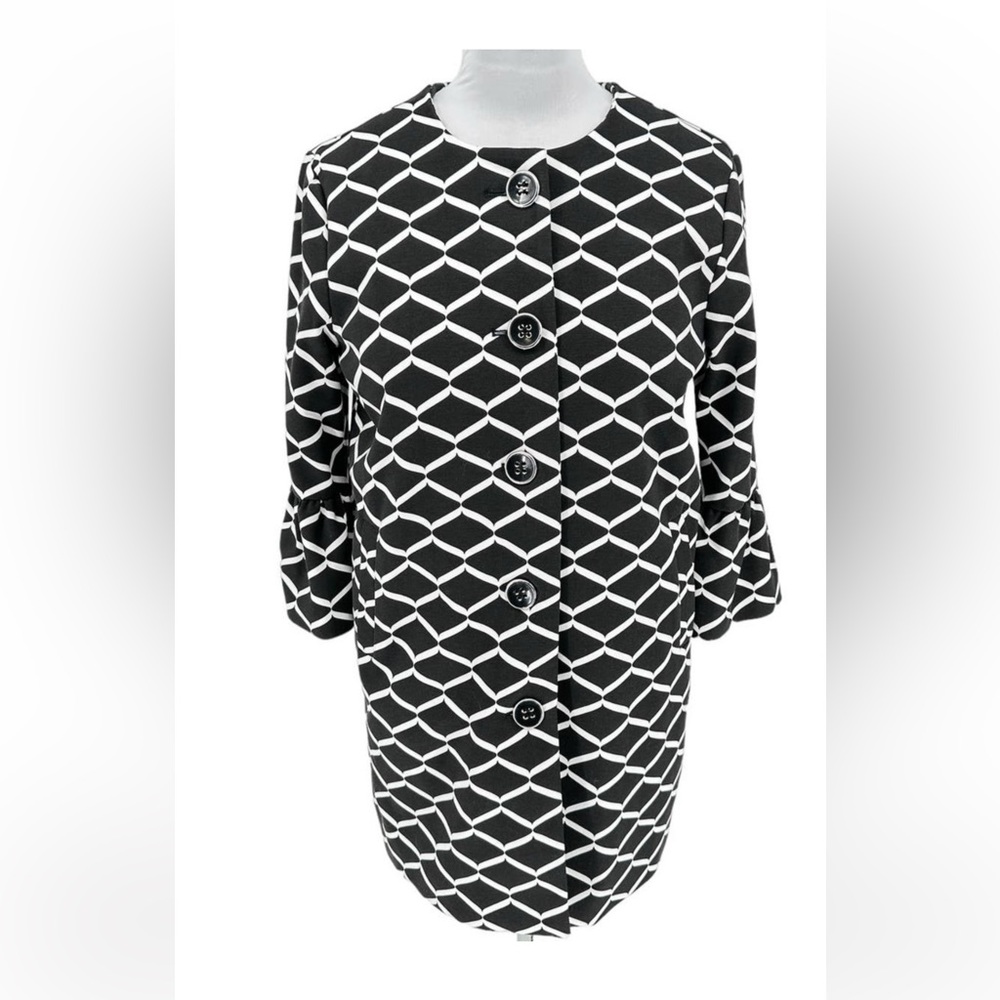 Jennie & Ray Women's SZ L Long Blazer Jacket Black & White Geometric Print